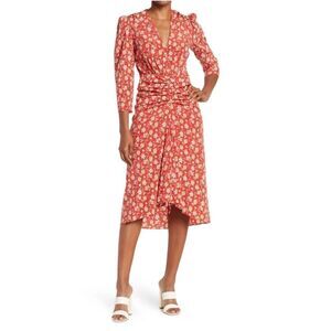 NWT Veronica Beard Mary Silk Ditsy Floral Ruched Midi Dresss in Red Multi size 2